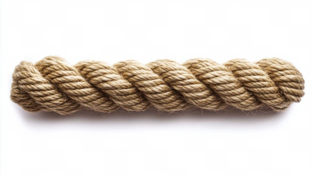 A close-up view of twisted natural fiber rope lying on a plain white background photo