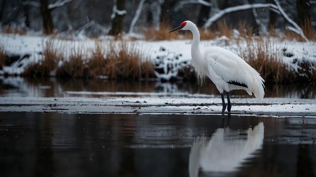 Beautiful Japanese crane standing gracefully in a serene natural winter setting photo
