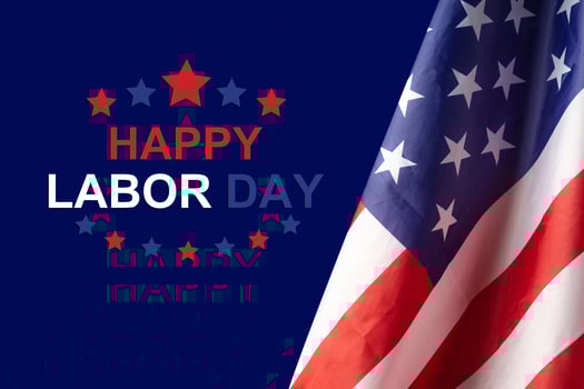 The American flag is on the right side on a blue background with happy labor day text photo
