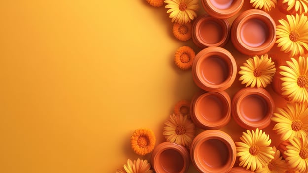 Diwali festival celebration concept with oil lamps and marigold flowers. Top view with copy space. photo