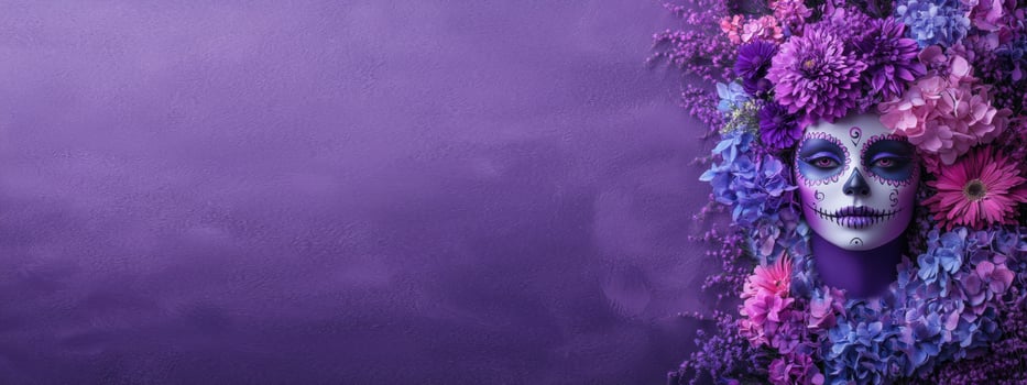 Dia de los Muertos, Woman with Sugar Skull Makeup and Floral Crown on Purple Background photo