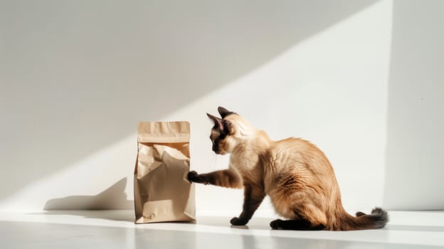 A curious cat approaches a sleek pouch of cat food resting on the floor, pawing at it with intrigue. The bright sunlight illuminates the space, creating a warm atmosphere photo
