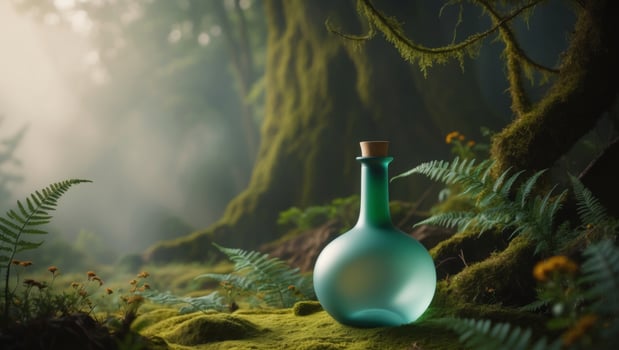 A bottle of liquid is sitting in the middle of a forest photo
