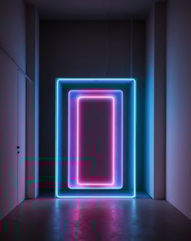 Neon neon sign in a room with a door photo