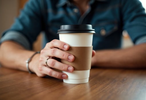 Close-up of a man holding a takeaway coffee cup with a brown sleeve, sitting at a wooden table. photo