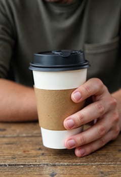 Coffee paper cup in the man hands photo