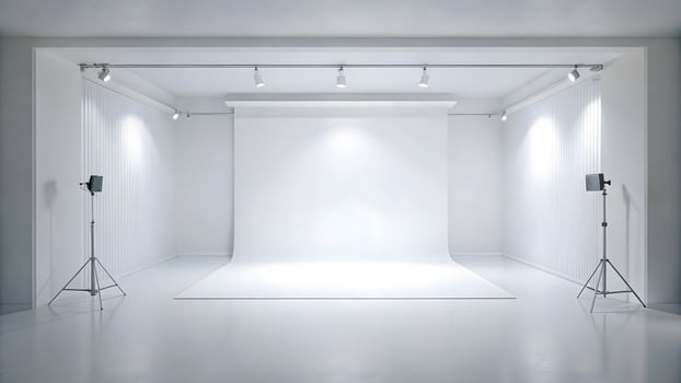 An empty photo studio with lights and a white backdrop