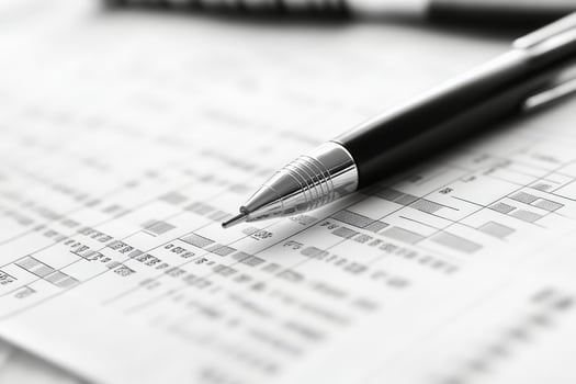A polished black pen is positioned on a detailed bankrupt balance sheet, surrounded by a minimalist workspace. The focus highlights financial data and emphasizes the complexity of bankruptcy analysis. photo