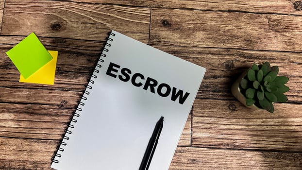Concept of Escrow write on book isolated on Wooden Table. photo