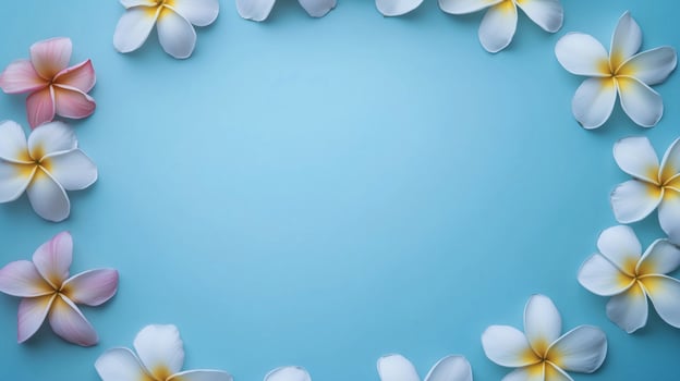 Plumeria flower and leaves rounded frame blank center space nature background photo