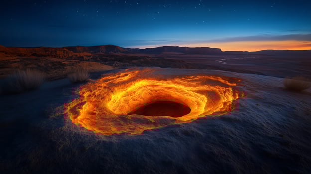 Sinkhole with lava on chamber seen emitting light from the lava with night sky photo
