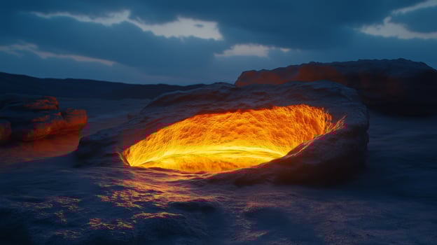 Sinkhole with lava on chamber seen emitting light from the lava with night sky photo