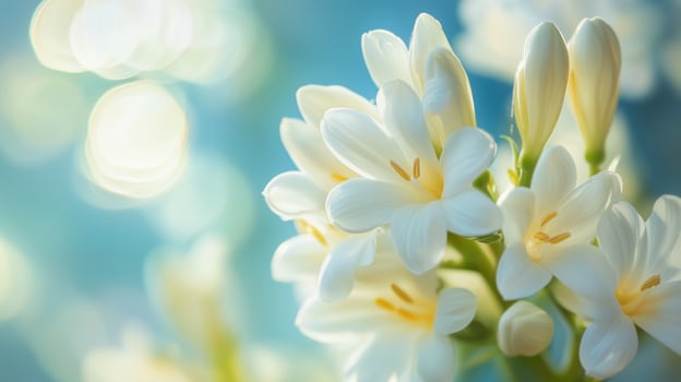White tuberose flower macro photo closeup blurred background