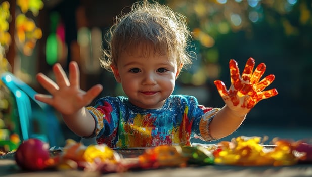Happy toddler playing with autumn leaves, Sensory play photo