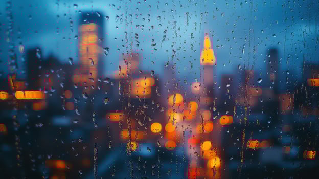 Rainy City Lights, Blurred cityscape through rain streaked window at night photo