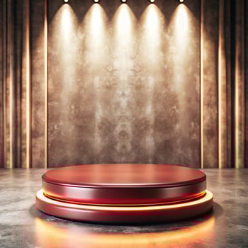 Red podium with spotlight in a dark room photo