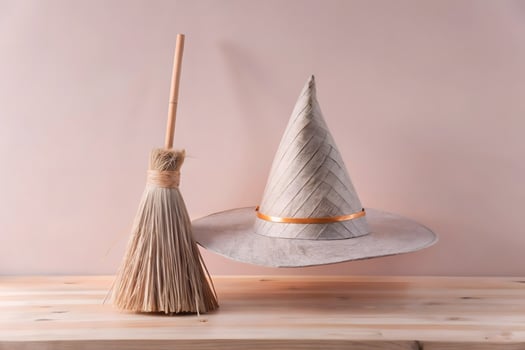 A broom and a witch hat on a wooden table photo