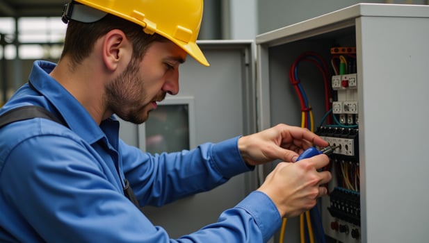 Electrical professional repairs wiring within a control cabinet photo