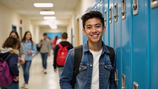 Teenager in school setting at lockers photo