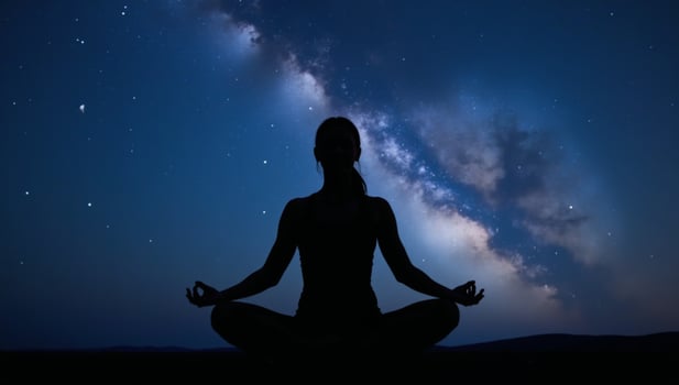 Digital illustration featuring a woman mediating in the Lotus Position against a backdrop of a serene night sky embodying zen calmness spiritual harmony balance and focus through her yogic silhouette photo
