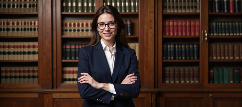 A professional photoshoot depicts an attractive attorney surrounded by books and lawthemed details within a legal library setting photo