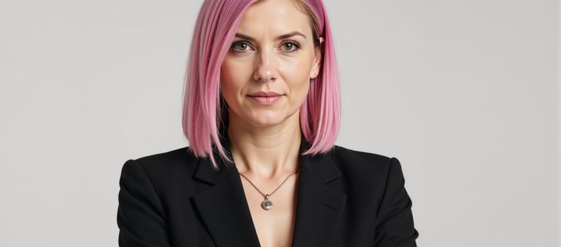 Woman in black suit with pink hair serious expression accessorized with necklace photo