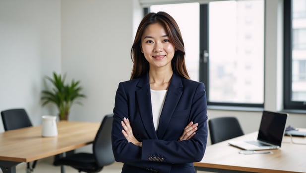 A dynamic businesswoman exudes confidence within an office environment photo