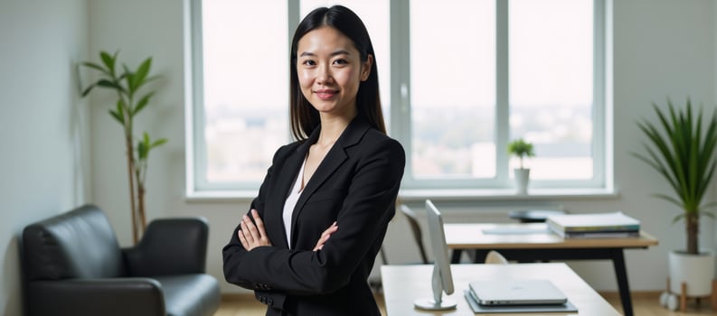 A dynamic businesswoman exudes confidence within an office environment photo