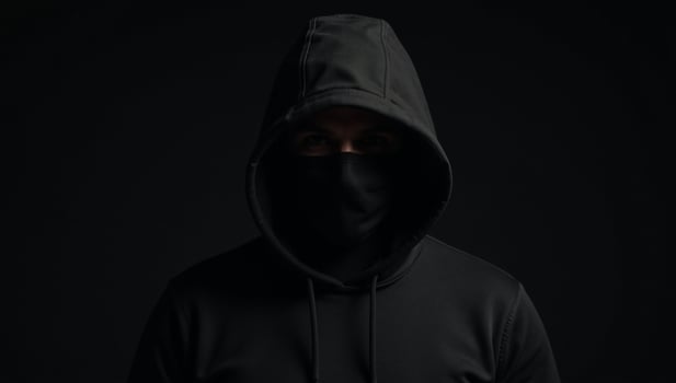 Computer Hacker Blackhooded figure in Dark Moody Background photo