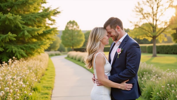 Graceful couple shares tender moment under twilight spring sky photo