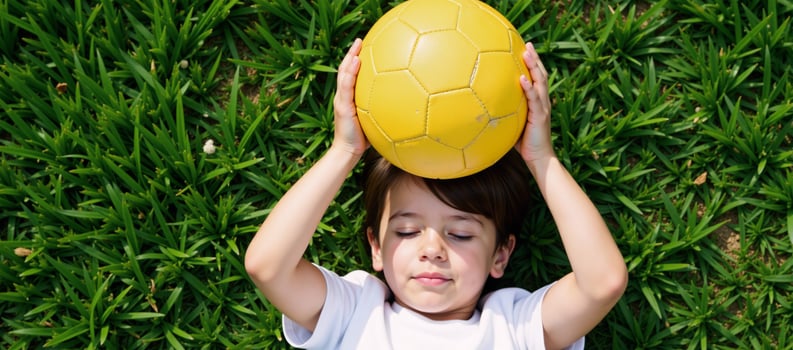 Aerial perspective Child lounges on green lawn with soccer ball photo