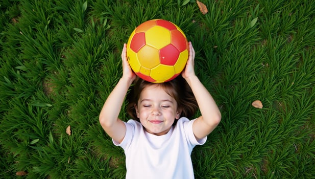 Aerial perspective Child lounges on green lawn with soccer ball photo