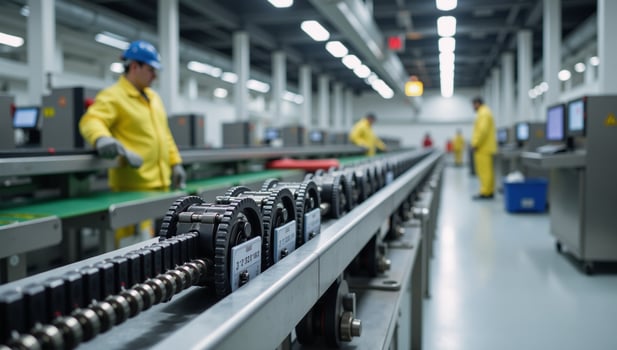 Electric vehicle battery production line features conveyor chains belts in an industrial setting photo