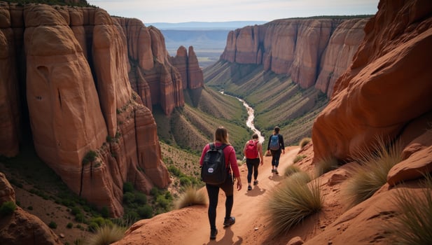 Friends are depicted on a canyon hike amidst rugged terrain admiring tall rock formations photo