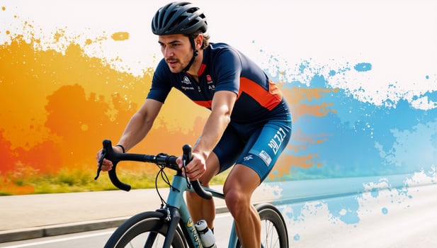 Cyclist on a bike against an abstract colorsplashed backdrop for sports postersflyers photo