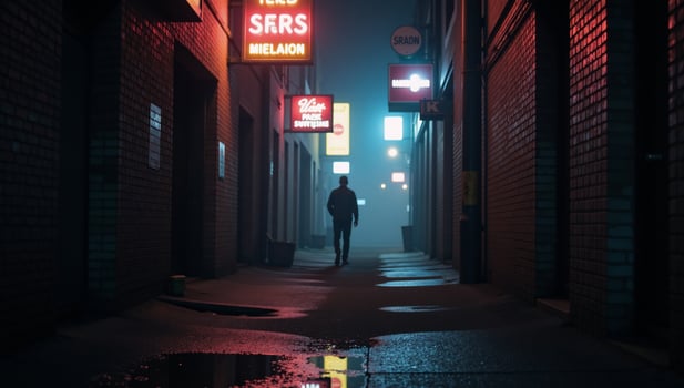 A dimly lit foggy city alley glows with neon lights at night photo