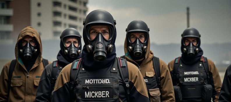 A scene with individuals donning gas masks and backpacks photo