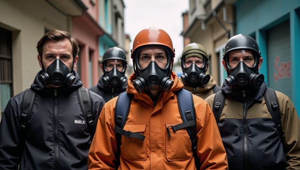 A scene with individuals donning gas masks and backpacks photo