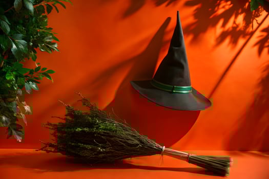 A witch hat and broom on an orange background photo