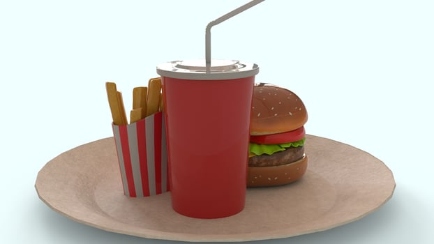 burger and french Fries on plate with white background photo