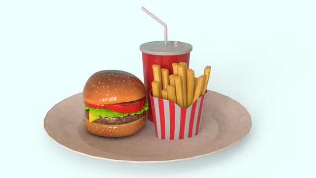 burger and french Fries on plate with white background photo