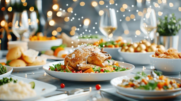 Traditional for celebration merry christmas festival with turkey meat on dinner table photo