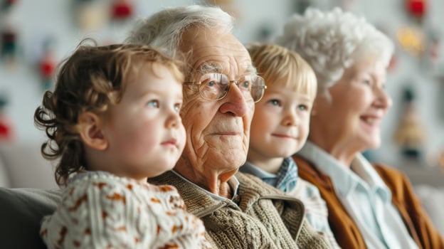 smiling grandfather with grandmother happy together with grandson and niece cozy house photo