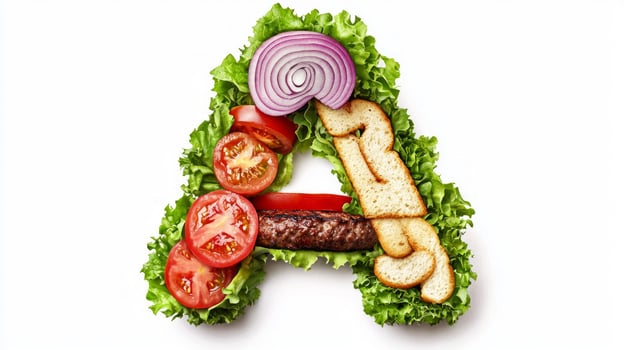letter A is thoughtfully designed using fresh ingredients typical of a hamburger showcasing a vibrant arrangement of lettuce tomatoes onions and a patty. photo