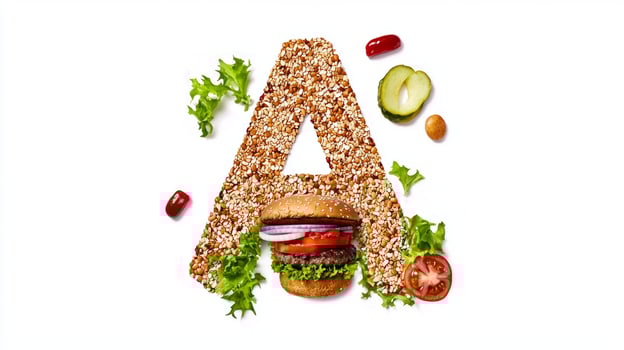 unique letter A formed from hamburger components showcases vibrant colors and textures. Fresh ingredients surround the letter emphasizing culinary creativity and fun presentation. photo