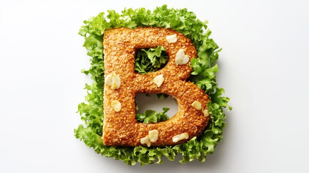 unique culinary creation features the letter B crafted from burger components elegantly surrounded by fresh lettuce inviting food lovers to enjoy a playful dining experience. photo