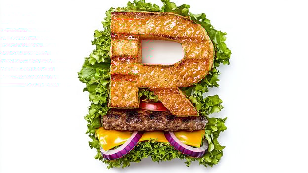 artistic arrangement presents the letter R formed by burger ingredients showcasing lettuce cheese and beef. It offers a playful and delicious twist on the alphabet. photo
