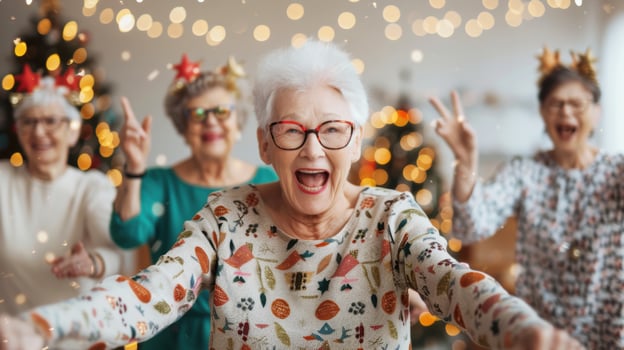 Caucasian cheerful elderly senior friend happy and cheerful on Christmas holiday. friendship smile and happy funny with celebration new year party photo