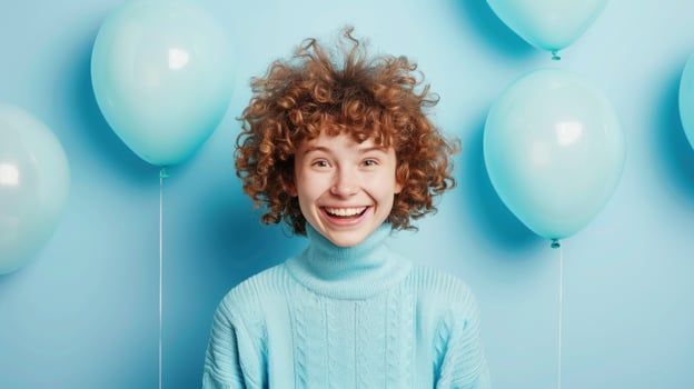 Caucasian teenage girl with curly hair wearing blue wool sweater with balloons in birthday party and new year holiday is happy on blue pastel background in fashion studio photo
