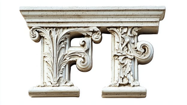 ornate letter F, designed with an antique column texture, stands isolated on a white background, exemplifying artistry in typography and craftsmanship. photo